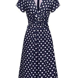 ACEVOG Navy Blue & White Polka Dot Twist-Front V-Neck Midi Dress